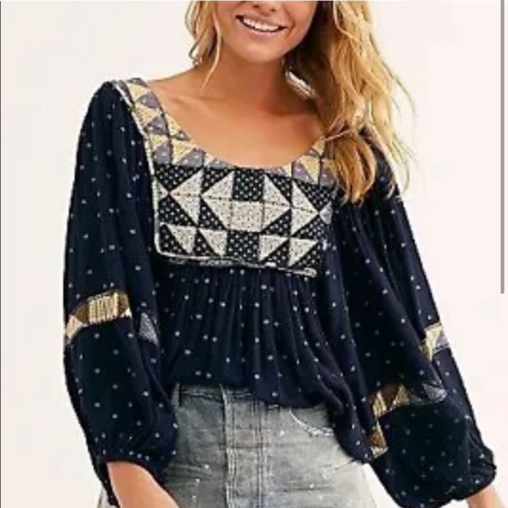 Free People Keepsake Blouse Balloon Sleeves Patchwork Boho top, size M
